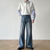 男笙HOME cleanfit直筒宽松浅蓝牛仔裤 2025秋季 韩系A字阔腿牛仔裤