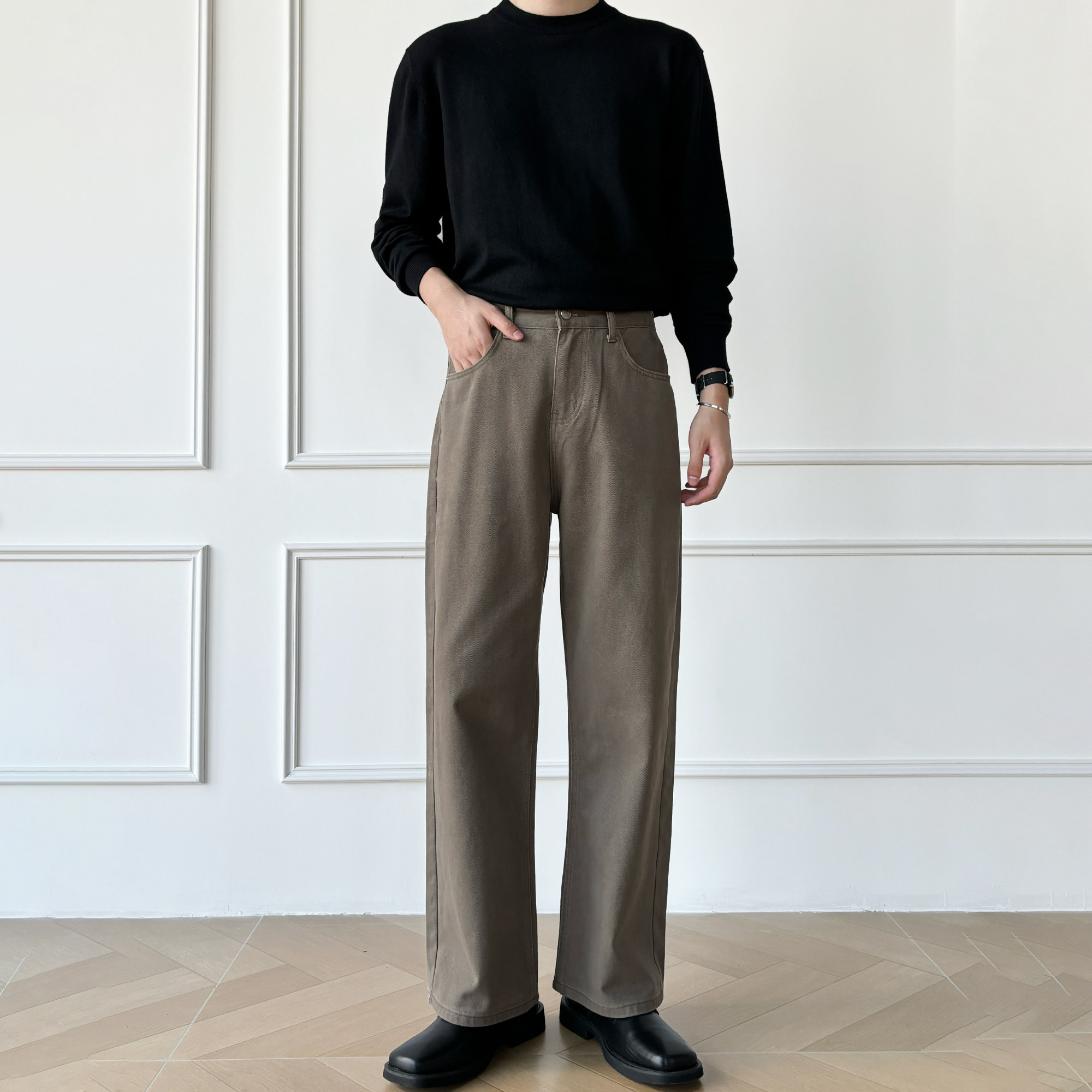 男笙春季老钱风A字宽松直筒牛仔裤cleanfit棕色100纯棉牛仔裤男