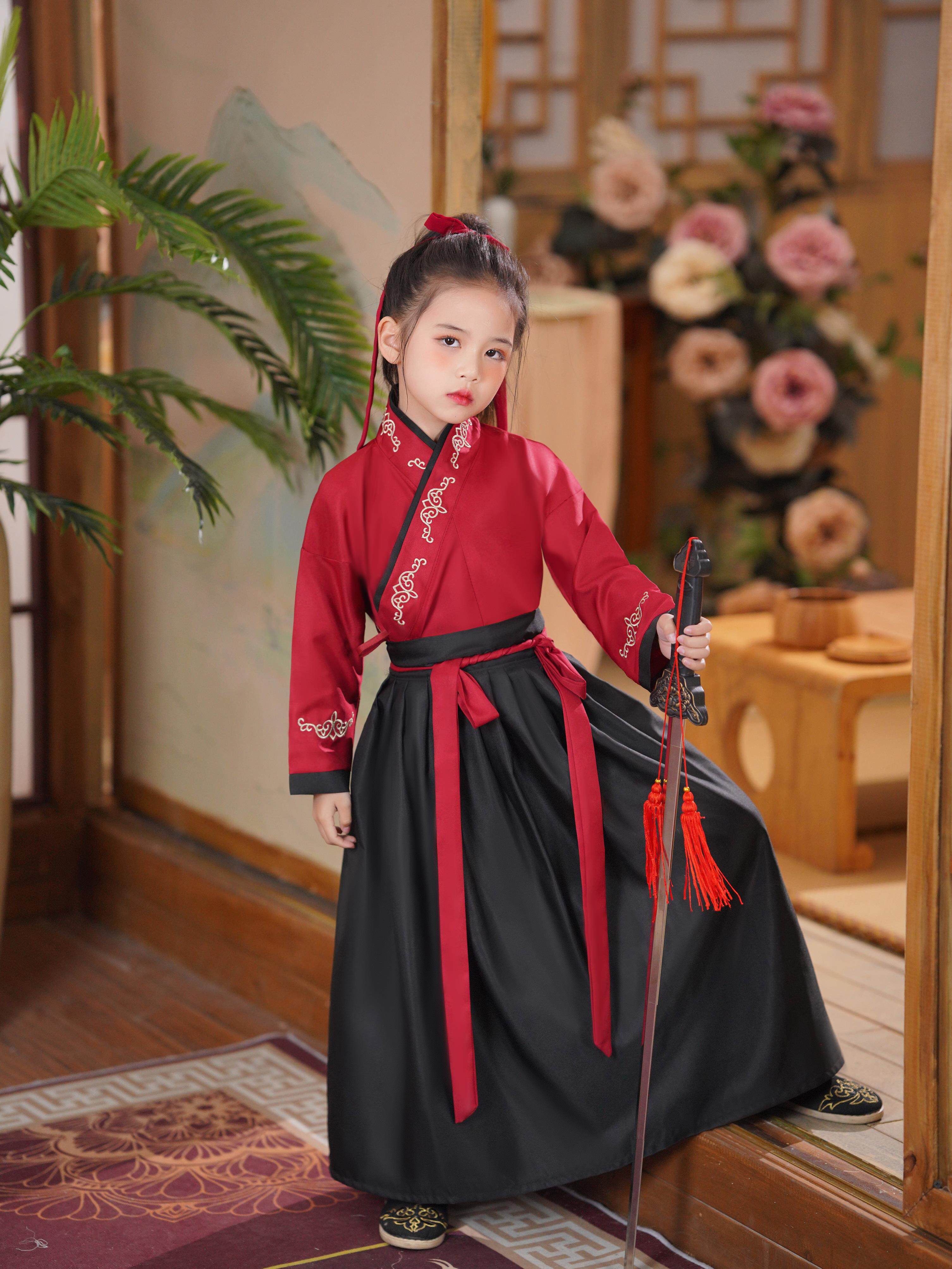 花木兰汉服女童霸气演出服中国风女侠走秀儿童古装高档女孩国学服