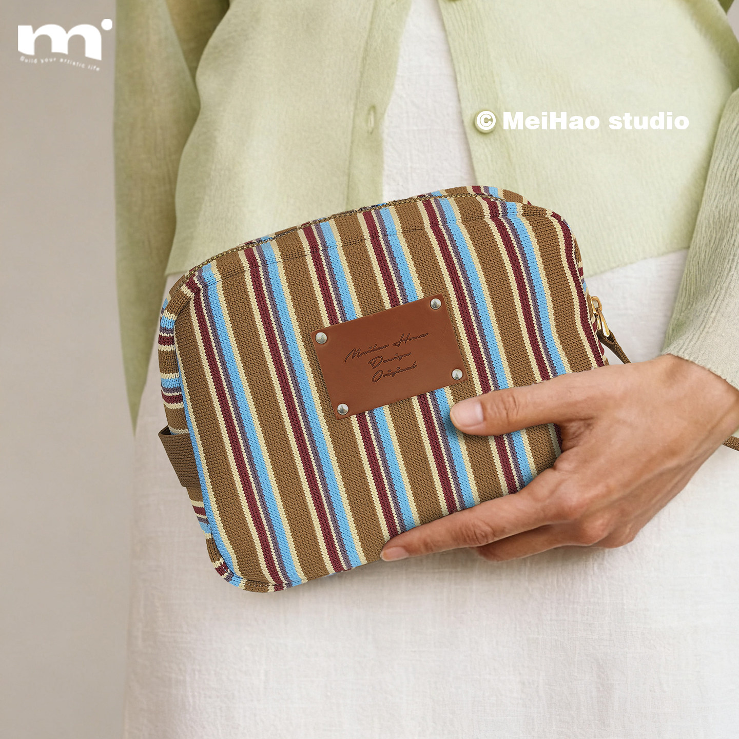 原创ins条纹针织化妆包大容量便携护肤品收纳袋旅行洗漱包手拿,收纳整理,化妆包,淘宝优惠券,粉丝福利购,淘宝优惠卷