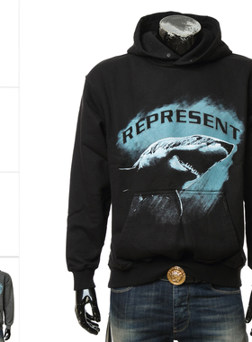 REPRESENT 潮牌 男士鲨鱼图案印花休闲连帽套头卫衣 M04222