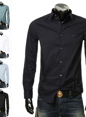 Armani/阿玛尼EA 鹰标男士刺绣修身弹力长袖衬衫 8N1C09 1NI9Z