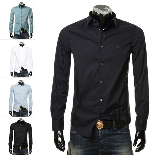 阿玛尼鹰标刺绣修身弹力长袖衬衫