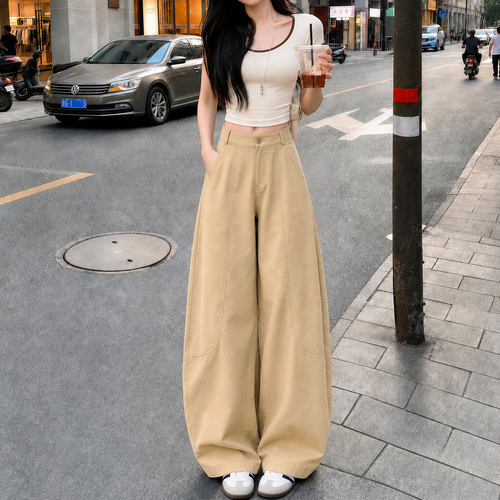卡其色弯刀裤女裤夏薄款2026新款小个子窄版冰丝阔腿裤速干工装裤