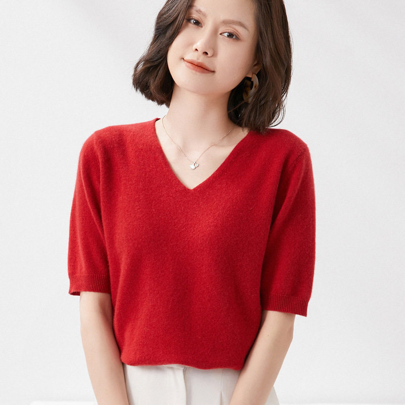 五分袖打底衫修身中袖针织衫女V领套头气质T恤纯色短袖潮春秋