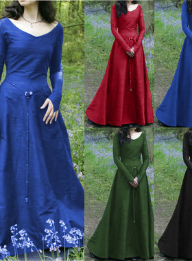 2023wish欧美古典中世纪欧洲中部party长袖圆领修身女士连衣裙
