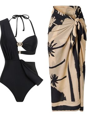 现货2025欧美亚马逊速卖通简约ins风高级感泳衣女三件套裙套装