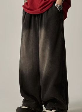 日系复古水洗做旧牛仔裤女ins高街潮牌宽松直筒阔腿裤子休闲长裤