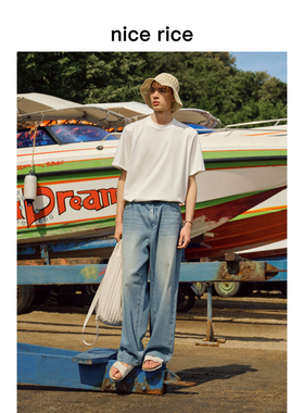 nice rice好饭 夏季13.4盎司全棉蓝牛阔腿水洗牛仔裤男NHX13041
