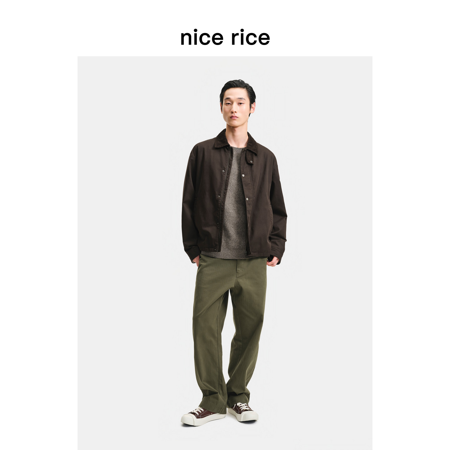 nice rice好饭 26秋季新品全棉直筒人字纹男士休闲长裤NIQ11089
