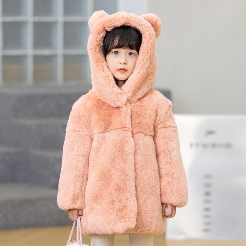 儿童皮草冬装男童女童真獭兔毛加厚棉衣小宝宝连帽厚外套中长款
