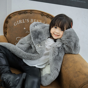 JKP儿童皮草外套真獭兔毛整皮男女童毛毛外套中长款加棉冬季童装