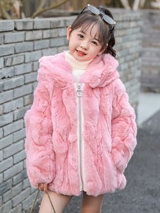 冬季新款男女童皮草外套真獭兔毛皮毛一体连帽加厚中长款毛毛大衣