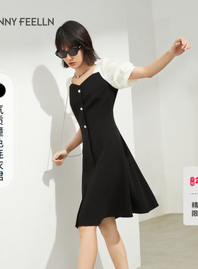 商场同款FF||仿佛连衣裙夏季中长款显瘦撞色泡泡袖方领短袖裙