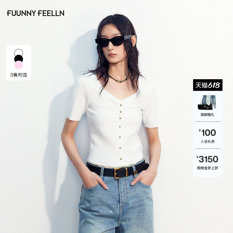 【钻石领】FF仿佛针织衫2025夏季新款女纽扣短袖抽褶显瘦通勤上衣