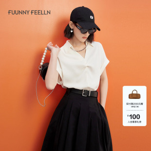 女V领宽松套头高弹设计感短袖 商场同款 FF仿佛2025夏气质衬衫