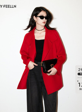 【100纯羊毛】FF仿佛毛呢女2025冬季新款中长款红色呢子大衣外套