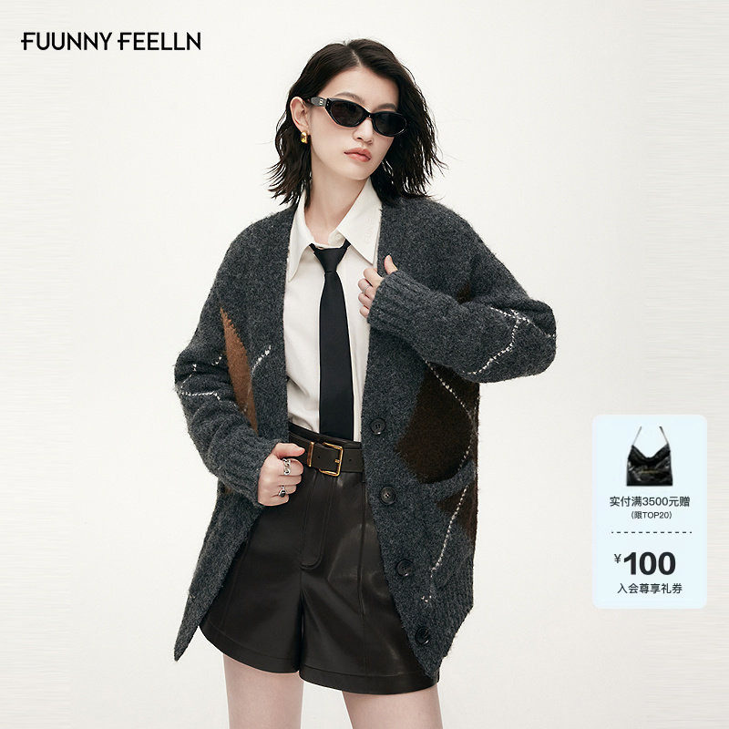 FF仿佛针织外套女2025冬季新款中长款撞色加厚羊毛毛衣针织开衫