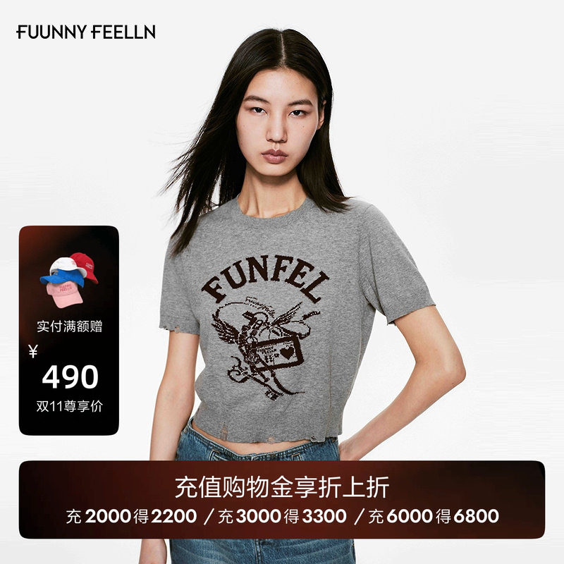 FF仿佛针织衫女2026秋季新款纯棉舒适套头图案破洞短款短袖T恤