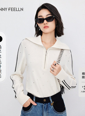 【扬子羊毛】FF仿佛冬季新款撞色针织衫女大翻领烫钻设计感