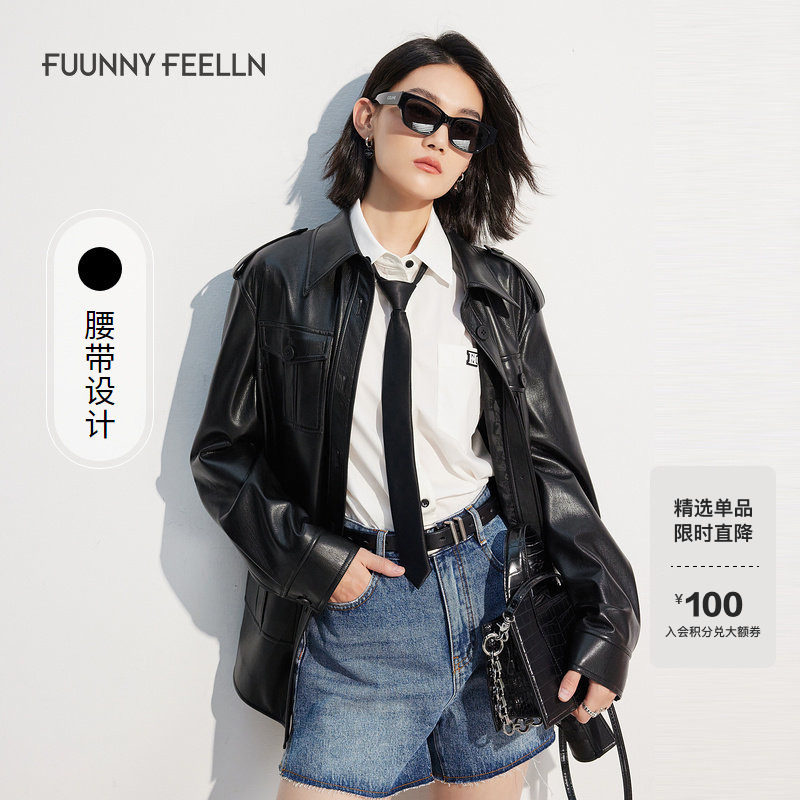 商场同款FF||仿佛春夏季黑色机车酷飒上衣中性风皮衣外套女,女装/女士精品,短外套,淘宝优惠券,粉丝福利购,淘宝优惠卷
