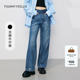 FF仿佛2025年春新款 双腰头设计深色洗水磨烂宽松100棉直筒牛仔裤