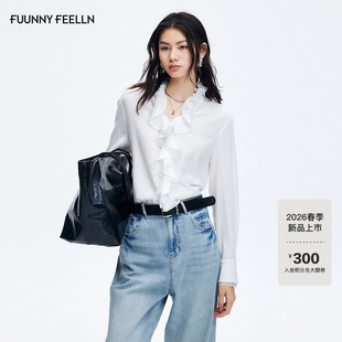 新款 女2026春季 FF仿佛衬衫 醋酸混纺高级感衬衣长袖 优雅荷叶边