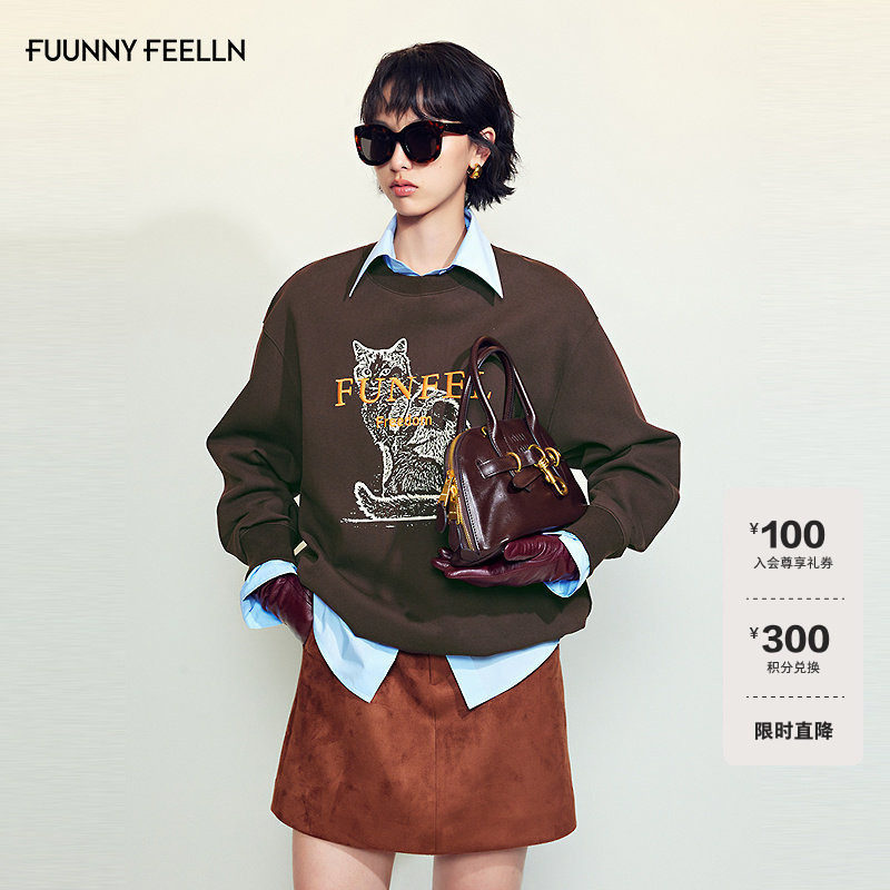FF仿佛卫衣2025秋季新款小猫印花设计长袖时尚字母女美式圆领上衣