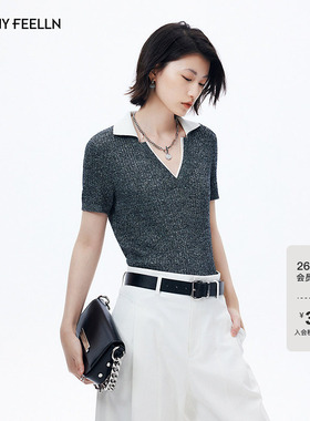 FF仿佛针织衫女2026春季新款v领翻领亮丝短袖罗纹polo衫T恤上衣