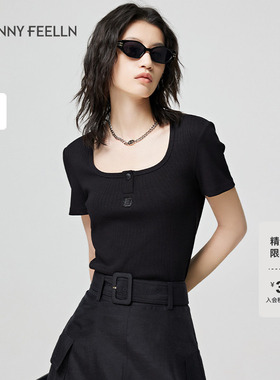 FF仿佛T恤2025夏季黑色U领女短袖修身显瘦时尚休闲设计感上衣