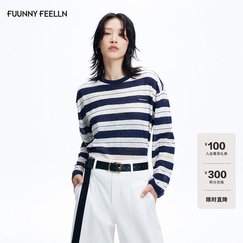 FF仿佛条纹撞色落肩针织衫女图片