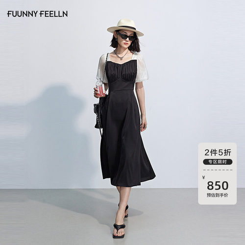 2025早秋新款灯笼袖撞色小黑裙
