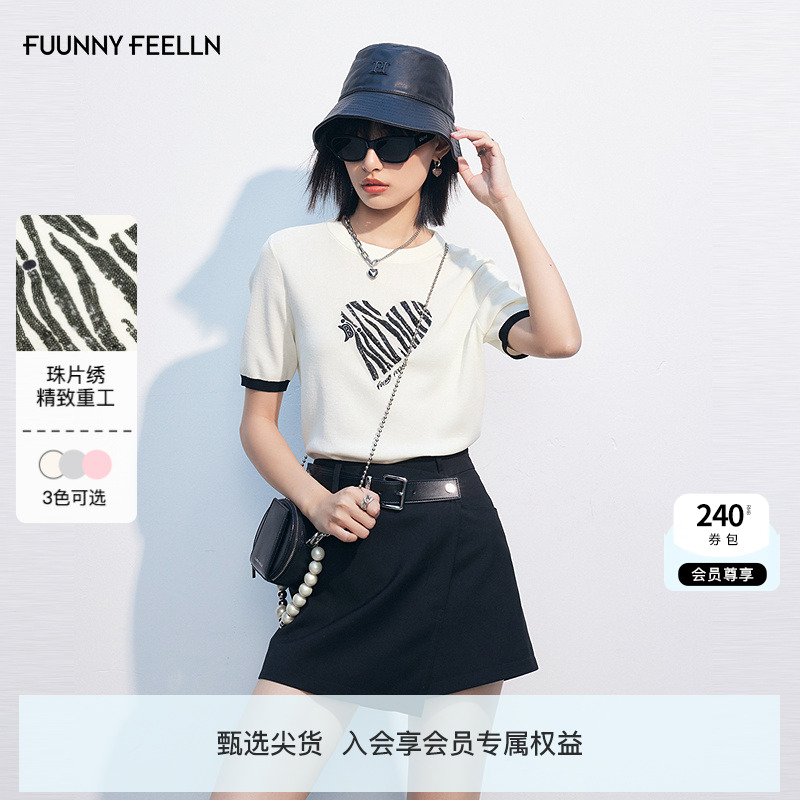 FF仿佛2025夏新款猫纹爱心白色上衣显瘦撞色针织圆领短袖t恤女