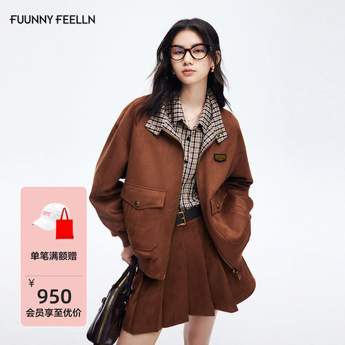 FF仿佛麂皮复古格纹撞色短外套