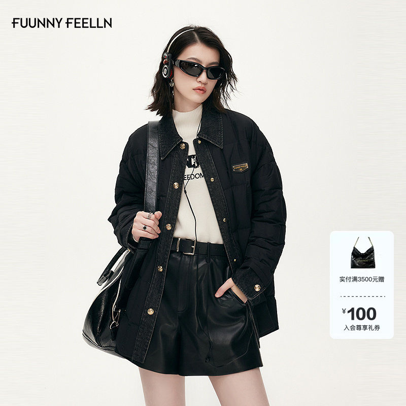 FF仿佛羽绒服女2025冬新款牛仔拼接中长款鸭绒保暖白鸭绒外套