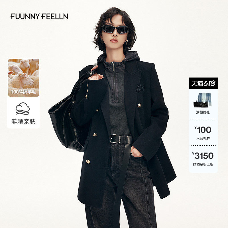 【100纯羊毛】FF仿佛毛呢大衣女冬新款刺绣中长款外套呢子外搭