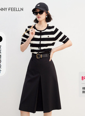 FF仿佛夏季黑色半身裙女垂坠感高腰开叉小个子设计感