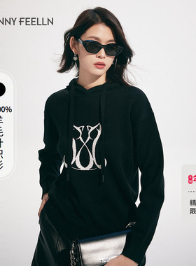 FF仿佛2025年春季新款套头黑色连帽针织衫女羊毛打底上衣设计感