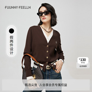 FF仿佛春秋季 V领设计感拼接假两件 毛针织衫 女撞色打底衫