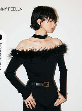 FF仿佛冬季新款黑色绵羊毛针织衫女毛衣露肩时尚气质