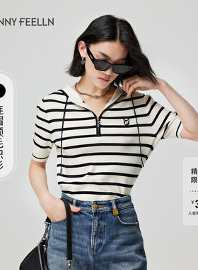 【折扣新降】FF仿佛夏季连帽针织衫女条纹短袖修身显瘦薄款设计感