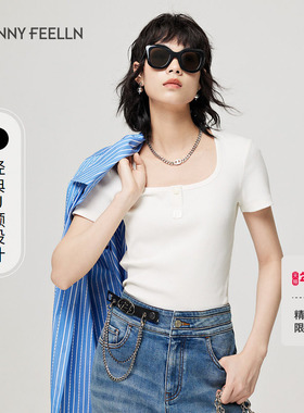 FF仿佛夏季白色U领T恤女短袖修身显瘦时尚休闲设计感
