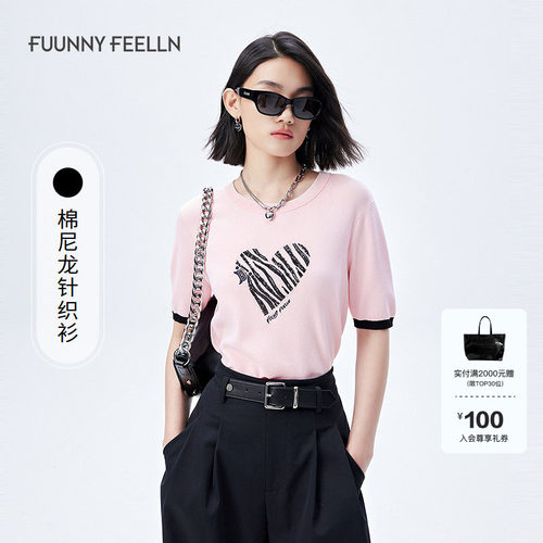 仿佛2025夏猫纹爱心粉色t恤女