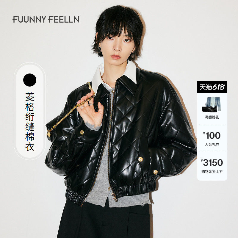 FF仿佛冬季新款黑色亮皮质感棉衣外套女上衣短款时尚