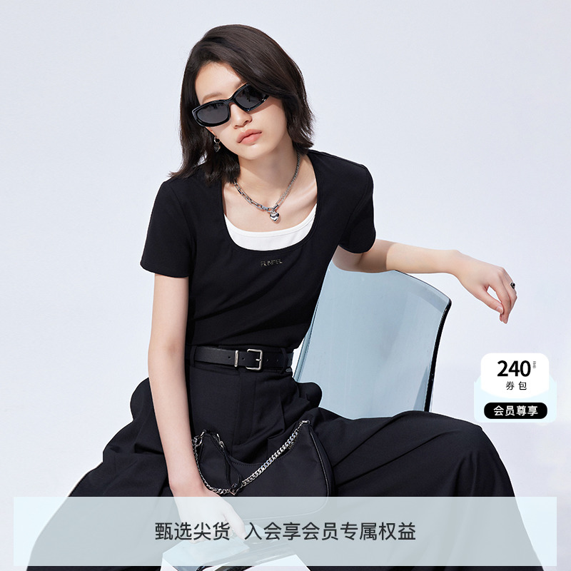 2025夏新款假两件短袖U型领T恤女