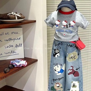 印花T恤牛仔裤 套装 潮必备两件套 辣妹短袖 2025韩系女童夏新款