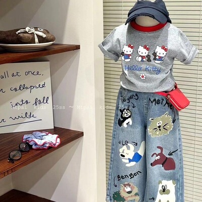 2026韩系女童夏新款辣妹短袖套装印花T恤牛仔裤潮必备两件套