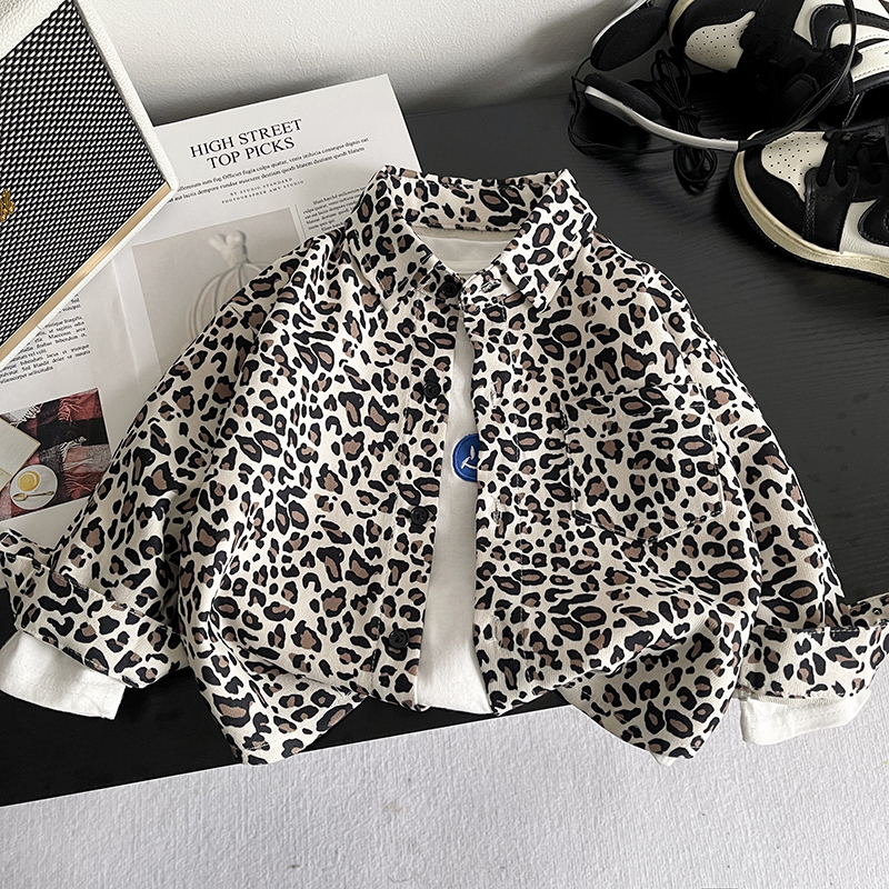 男童豹纹衬衫韩系外套2025新款洋气秋装男宝宝春秋款儿童衬衣上衣