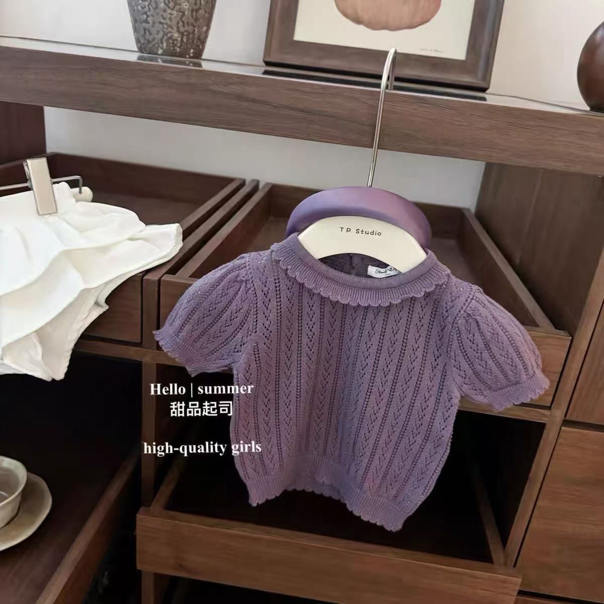 女童洋气时尚洋气时尚纯棉针织衫2025女宝宝镂空花边针织上衣a类