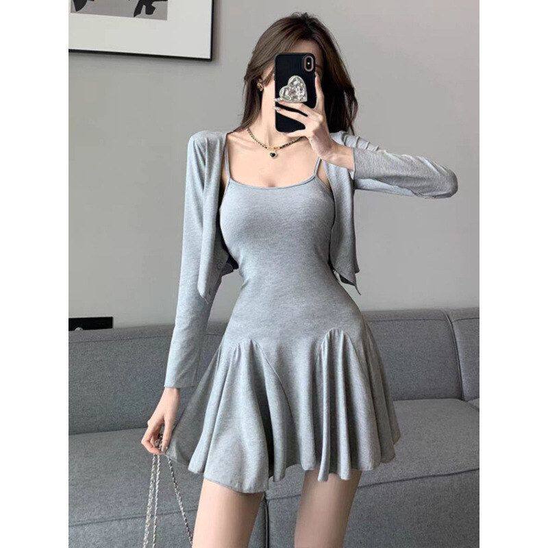 吊带连衣裙秋季一整套梨形身材微胖女生显瘦穿搭裙子开衫两件套装